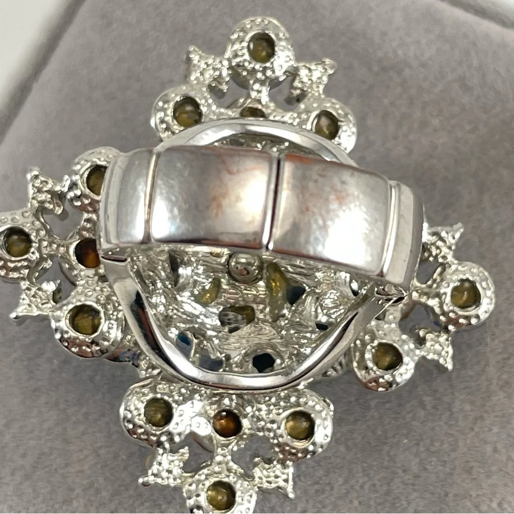Stunning Silver Tone Big Statement Blue AB Glass Rhinestone Adjustable Ring